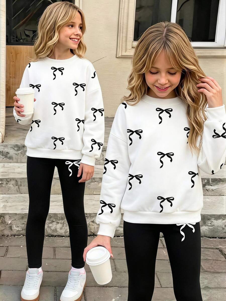 SHEIN 1 Set Girls Back To School Fashion Dotted Bow Print Crew Neck Sweatshirt And Black Leggings Outfit, Autumn Clothes School Career White Korean Cute - Multicolor - View 1