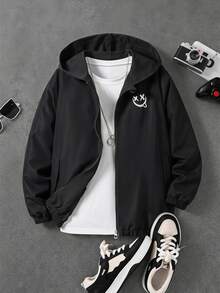 SHEIN Tween Boys' Smiling Face Print Hooded Casual Jacket Autumn Fall Graduation Black - Black - View 1