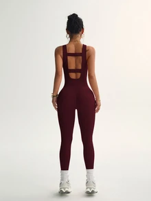 Slayform Slayform Seamless Solid Color Minimalist Versatile Athletic Tight Jumpsuit - Burgundy - View 3