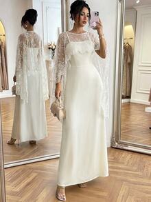 Modelyn Waist-Cinched Flared Satin Slip Dress With Lace Shawl, Spring/Summer - Apricot - View 8