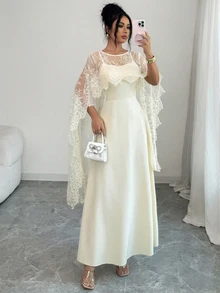 Modelyn Waist-Cinched Flared Satin Slip Dress With Lace Shawl, Spring/Summer - Apricot - View 10