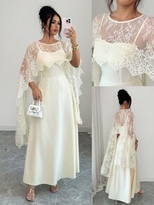 Modelyn Waist-Cinched Flared Satin Slip Dress With Lace Shawl, Spring/Summer - Apricot - View 4