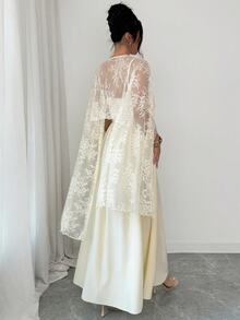 Modelyn Waist-Cinched Flared Satin Slip Dress With Lace Shawl, Spring/Summer - Apricot - View 3