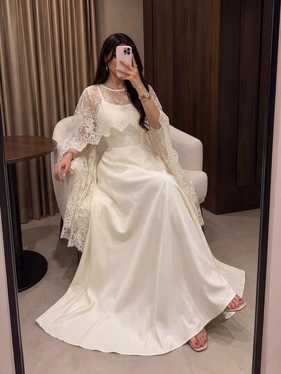 Modelyn Vestido de satén acampanado con cintura ceñida y chal de encaje, primavera/verano