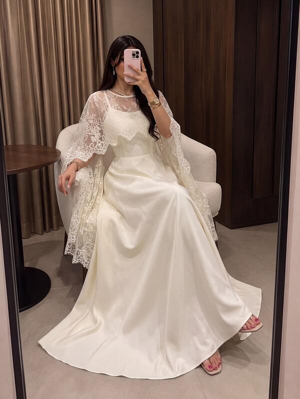 Modelyn Vestido de satén acampanado con cintura ceñida y chal de encaje, primavera/verano