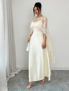 Modelyn Waist-Cinched Flared Satin Slip Dress With Lace Shawl, Spring/Summer - Apricot - View 7