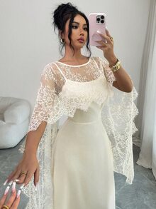 Modelyn Waist-Cinched Flared Satin Slip Dress With Lace Shawl, Spring/Summer - Apricot - View 9