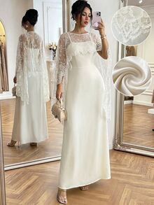 Modelyn Waist-Cinched Flared Satin Slip Dress With Lace Shawl, Spring/Summer - Apricot - View 6