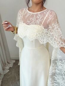 Modelyn Waist-Cinched Flared Satin Slip Dress With Lace Shawl, Spring/Summer - Apricot - View 5