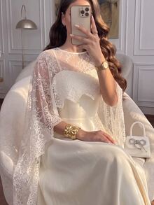 Modelyn Waist-Cinched Flared Satin Slip Dress With Lace Shawl, Spring/Summer - Apricot - View 13