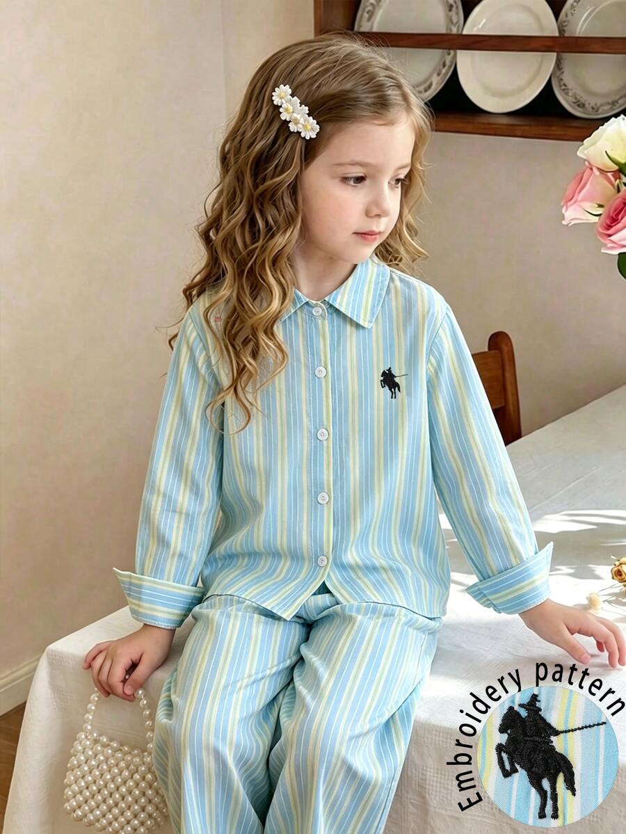 Souflis Souflis Children's Spring/Summer And Spring/Autumn Fresh Three-Color Vertical Striped Collared Shirt Set, Shirt-Style Collared Design, Front Button Closure, Long Sleeve Fit, Black Horse Logo On Chest, Base Color Composed Of Light Blue, Beige, And Light Yellow Vertical Stripes, Overall Clean And Soft Tone, Minimalist Casual, Suitable For Daily Outings And Gatherings - Blue and White - View 1