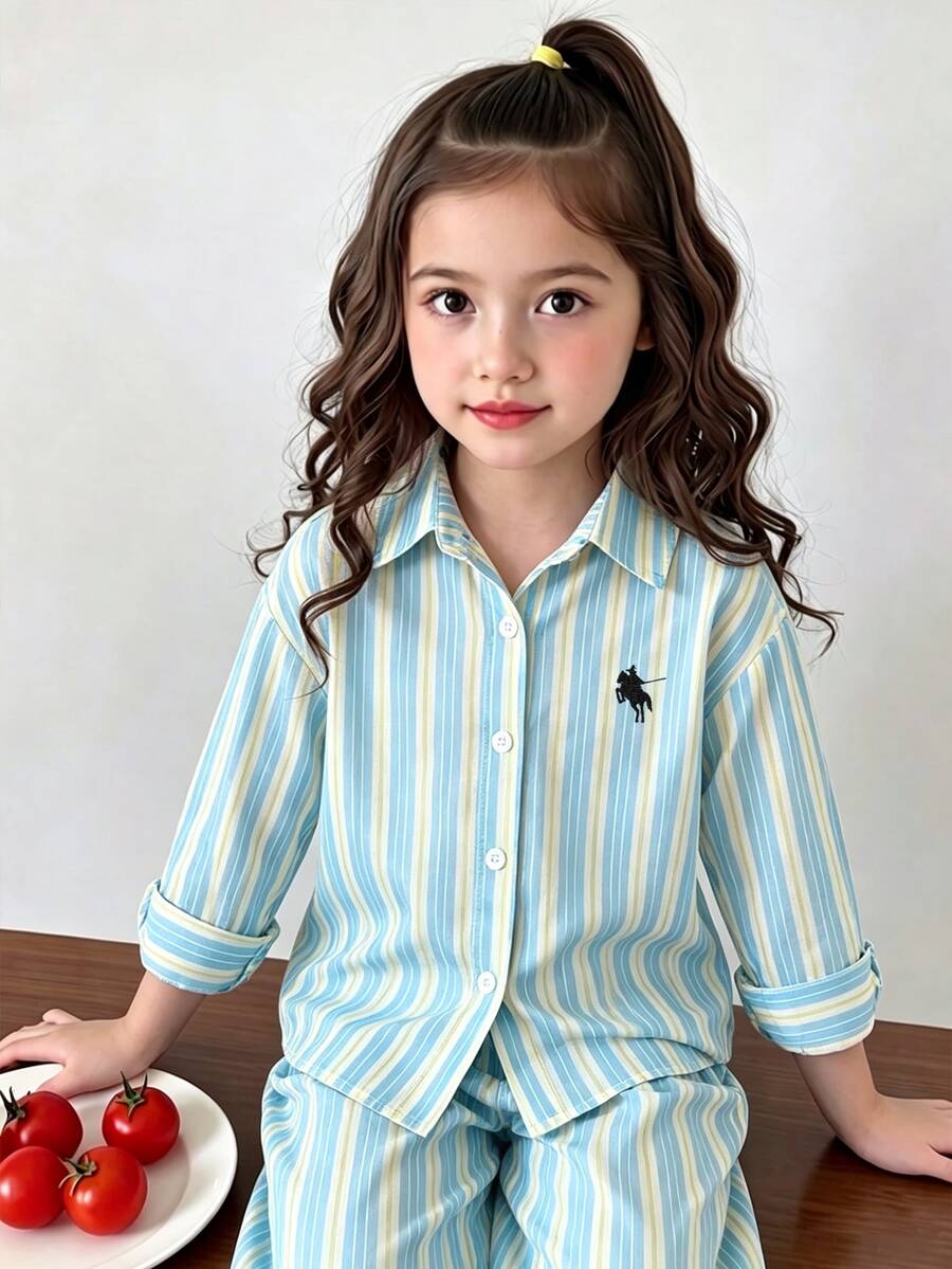 Souflis Souflis Children's Spring/Summer And Spring/Autumn Fresh Three-Color Vertical Striped Collared Shirt Set, Shirt-Style Collared Design, Front Button Closure, Long Sleeve Fit, Black Horse Logo On Chest, Base Color Composed Of Light Blue, Beige, And Light Yellow Vertical Stripes, Overall Clean And Soft Tone, Minimalist Casual, Suitable For Daily Outings And Gatherings - Blue and White - View 1