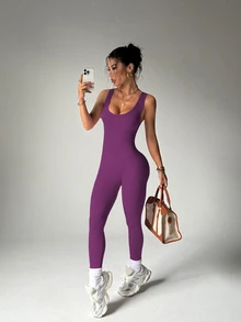 Slayform Slayform Seamless Backless Sleeveless Solid Color Jumpsuit - Red Violet - View 3