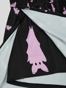 Sweetra 針織數位印花深色萬聖節蝙蝠修身短裙 女款萬聖節服裝 - 黑色 - 查看 6