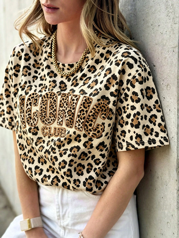 DrmWander Plus Size Women's Leopard Print Letter Graphic Casual Daily T-Shirt - Multicolor - View 3