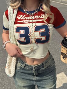 INAWLY 女式数字印花圆领短袖短款紧身T恤，夏季 - 彩色 - 查看 3