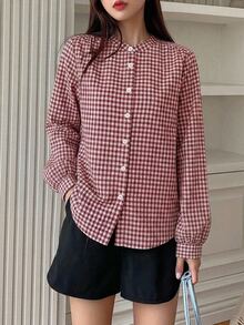 DAZY Women's Plaid Long Sleeve Single-Breasted Casual Commuter Shirt Graphic Tees Fall - Burgundy - View 5