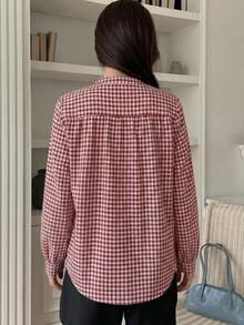 DAZY Women's Plaid Long Sleeve Single-Breasted Casual Commuter Shirt Graphic Tees Fall - Burgundy - View 4