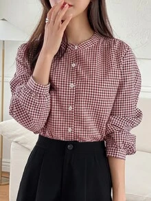 DAZY Women's Plaid Long Sleeve Single-Breasted Casual Commuter Shirt Graphic Tees Fall - Burgundy - View 1