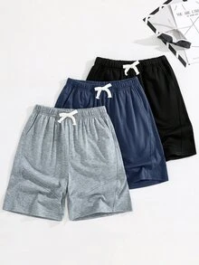 SHEIN 3件組買2送1兒童青少年男孩休閒軟舒適百搭短褲套裝，運動服，抽繩黑色短褲，麻灰色短褲，綠色短褲，Y2K短褲，SS26，夏季短褲，夏季，適合春夏，外出，情人節，約會，旅行，度假，家庭聚會，開學季，婚禮季，晚餐，運動，生日派對 - 彩色 - 查看 4