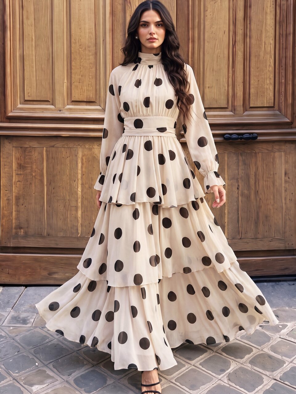Anewsta Vestido largo de mujer con lunares de color albaricoque, elegante, con mangas largas y bajo amplio multicapa, adecuado para ir al trabajo, salidas casuales, fiestas de cumpleaños, fiestas y citas románticas