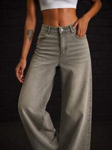 Zerodot Celana Jeans Wanita Model Vintage Wash Denim Potongan Lebar Gaya Retro Kasual Sehari-hari Musim Gugur dan Pra-Musim Gugur - Hijau - View 4