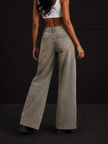Zerodot Celana Jeans Wanita Model Vintage Wash Denim Potongan Lebar Gaya Retro Kasual Sehari-hari Musim Gugur dan Pra-Musim Gugur - Hijau - View 2