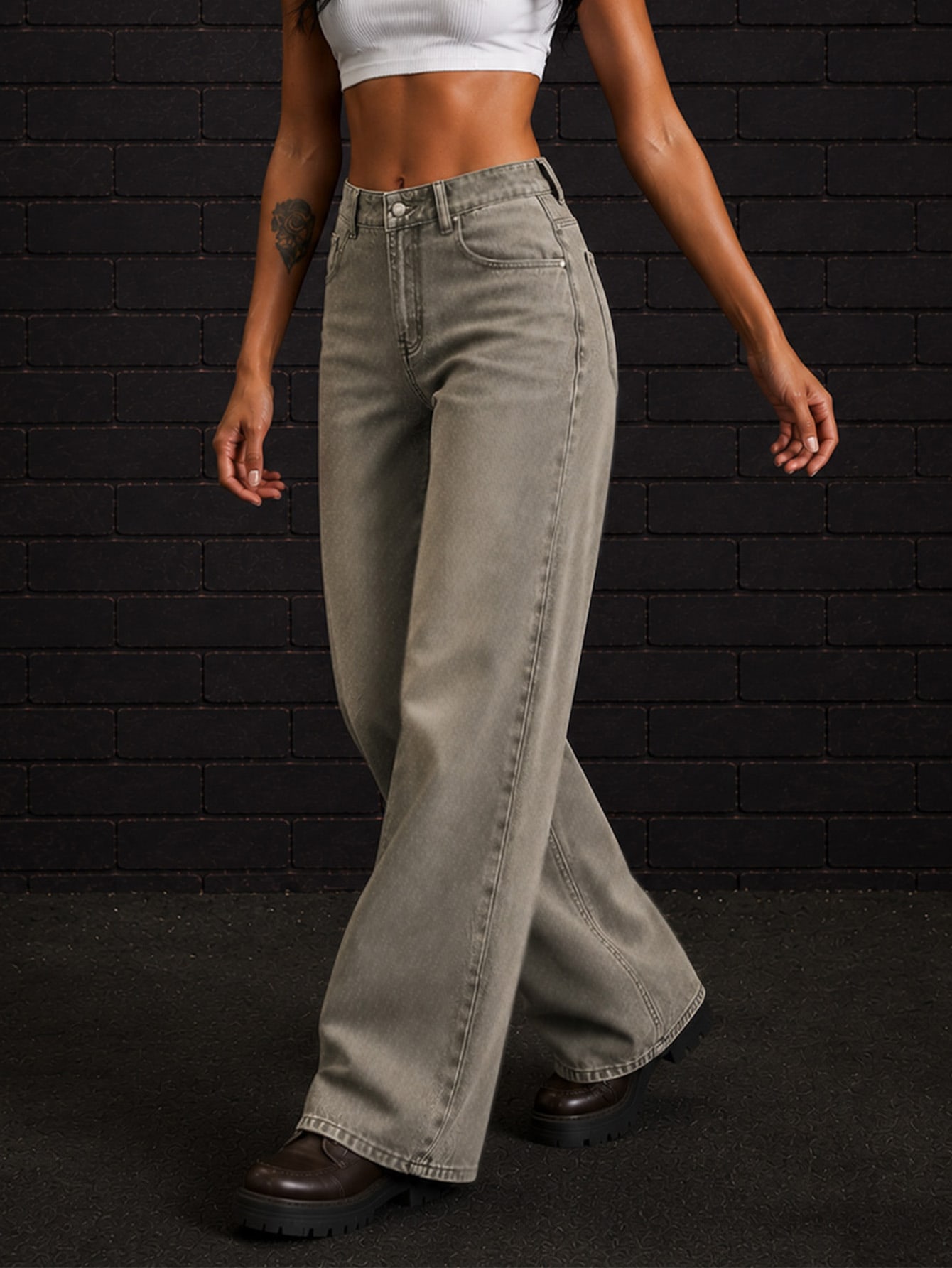 Vintage Wash Denim Wide Leg Retro Jeans, view 5