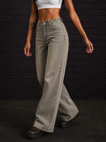 Zerodot Celana Jeans Wanita Model Vintage Wash Denim Potongan Lebar Gaya Retro Kasual Sehari-hari Musim Gugur dan Pra-Musim Gugur - Hijau - View 5