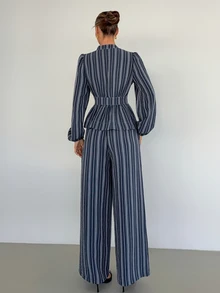 Siren Gaze 女款秋冬深藍色鈕扣百褶襯衫與口袋長褲套裝 辦公商務優雅休閒風 - 藏蓝色 - 查看 2