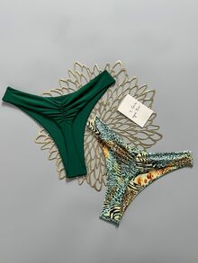 Swim SXY 女款百褶三角比基尼泳褲2件組，適合夏季度假與海灘 - 綠色 - 查看 3