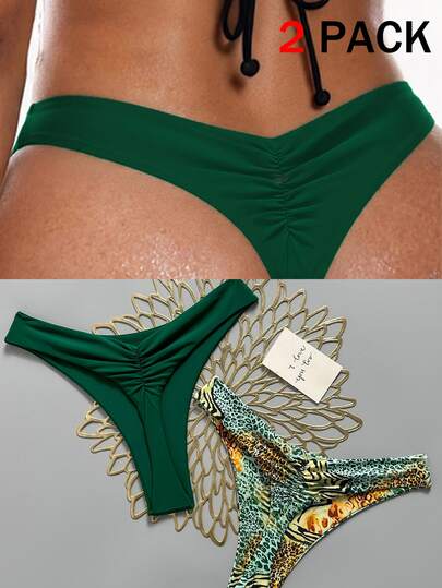 SHEIN Swim Women's Pleated Triangle Bikini Bottoms 2pcs Set, Suitable For Summer Vacation And Beach