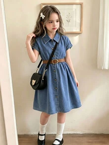 SHEIN Playful Pals 女童寬鬆落肩領口前開鈕扣襯衫洋裝，附時尚腰帶，海軍藍秋季開學正式洋裝 - 深色水洗藍 - 查看 3