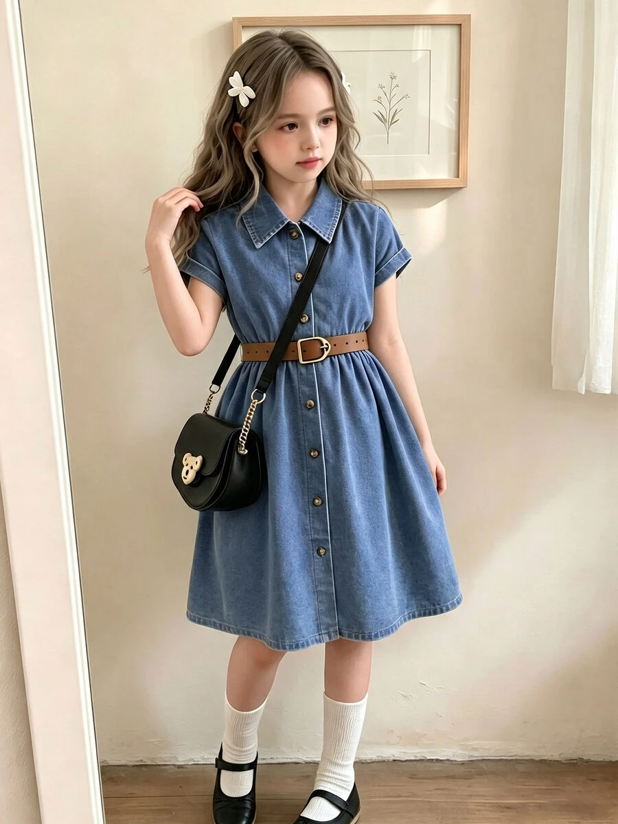 SHEIN Girls' Loose Fit Dropped Shoulder Collared Button Front Shirt Dress With Fashion Belt, Navy Blue Autumn School Back-To-School Formal Dress