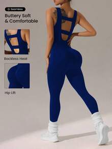 Slayform Slayform Solid Color Backless Sleeveless Seamless Jumpsuit - Navy Blue - View 2
