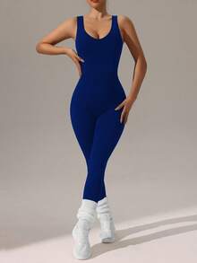 Slayform Slayform Solid Color Backless Sleeveless Seamless Jumpsuit - Navy Blue - View 6