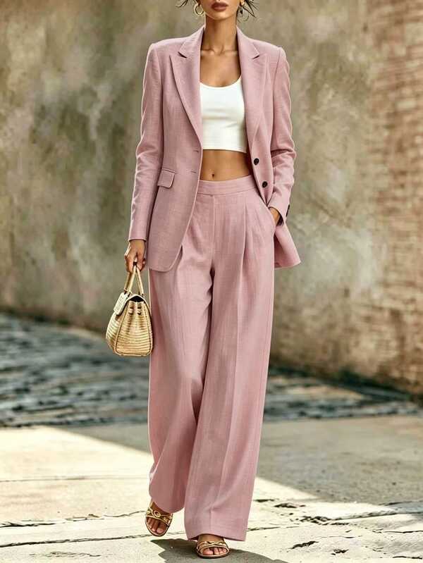 SHEIN Latest Women's Autumn/Winter Gentle Style Bean Paste Pink Waist-Cinching Suit Set, Made Of Draping Textured Fabric, Waist-Cinching Single-Breasted Blazer Paired With Matching High-Waist Wide-Leg Trousers, Clean Lines Optimize Body Proportions, Bean Paste Pink Tone Is Gentle Yet Professional, Suitable For Office Commute, Light Business, And Daily Dating