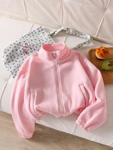 SHEIN Sparklyn 女童休閒純色連帽拉鍊開襟外套，返校季秋冬風格 - 粉色 - 查看 3