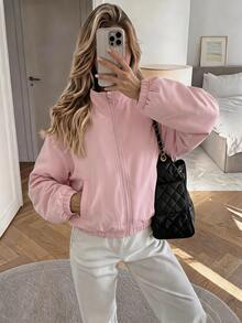 SHEIN Sparklyn 女童休閒純色連帽拉鍊開襟外套，返校季秋冬風格 - 粉色 - 查看 1