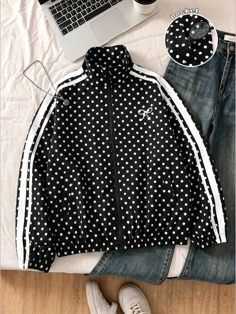 SHEIN Tween Girl Coat, Autumn, School Career Black Polka Dot Cute Cool Girl - Black - View 1