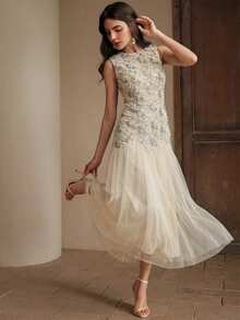 Anewsta Elegant Round Neck Sleeveless Long Dress For Women, New Summer Design - Apricot - View 4
