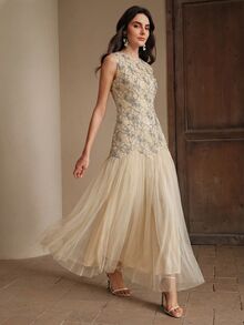 Anewsta Elegant Round Neck Sleeveless Long Dress For Women, New Summer Design - Apricot - View 3