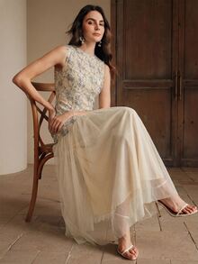 Anewsta Elegant Round Neck Sleeveless Long Dress For Women, New Summer Design - Apricot - View 5