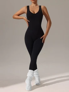 Slayform Slayform Seamless Solid Color Backless Scoop Neck Activewear Jumpsuit - Black - View 6