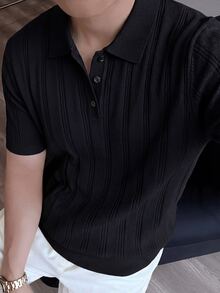 RONVEXI 男士黑色短袖針織 Polo 衫，夏季商務休閒辦公度假通勤上衣，純色單排扣百搭度假海灘款 - 黑色 - 查看 2