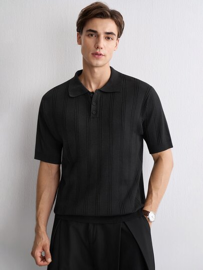 RONVEXI Men's Black Short Sleeve Polo Shirt Knit Top , Summer Smart Casual Office Holiday Commuter Top, Solid Color Single-Breasted Versatile Vacation Beach