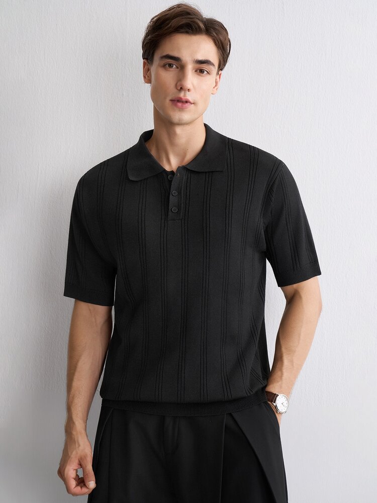 RONVEXI Men's Black Short Sleeve Polo Shirt Knit Top , Summer Smart Casual Office Holiday Commuter Top, Solid Color Single-Breasted Versatile Vacation Beach - Black - View 6