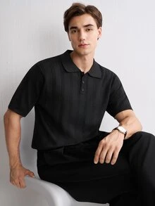 RONVEXI 男士黑色短袖針織 Polo 衫，夏季商務休閒辦公度假通勤上衣，純色單排扣百搭度假海灘款 - 黑色 - 查看 3