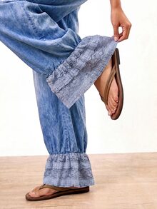 Bohemela Women's Fashion Versatile Pocket Lace Trim Hem Jeans Autumn Outfit For Women - Medium Wash - View 4