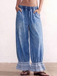 Bohemela Women's Fashion Versatile Pocket Lace Trim Hem Jeans Autumn Outfit For Women - Medium Wash - View 3